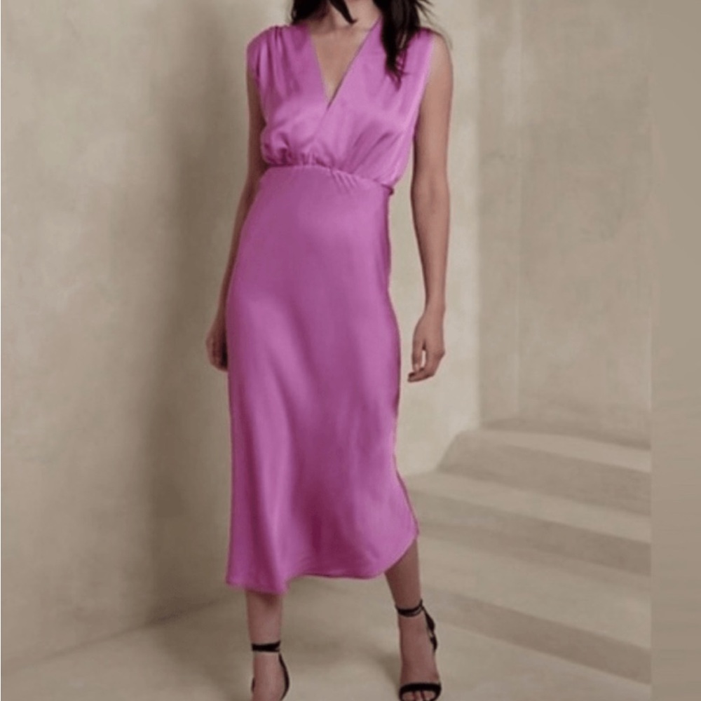 Banana Republic Women’s Deep V Neck And V Back Jessie Satin Midi Dress